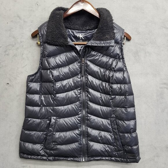 Calvin Klein Puffer Vest Womens Large Duck Down Full Zip‎ MP3 Pocket Packable - Picture 1 of 8